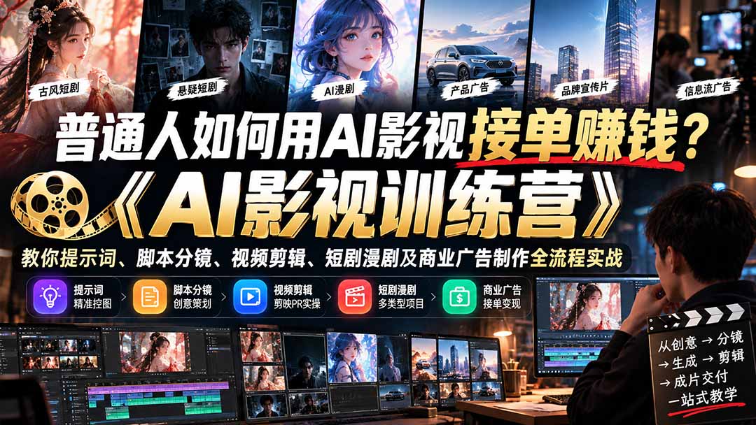 （21230期）普通人如何用AI影视接单赚钱？《AI影视训练营》教你提示词、脚本分镜、视频剪辑、短剧漫剧及商业广告制作全流程实战网创吧-网创项目资源站-副业项目-创业项目-搞钱项目网创吧