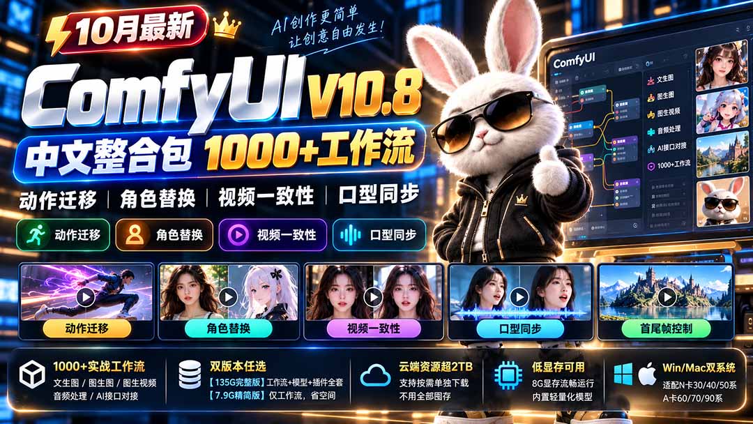 (21240期)10月最新ComfyUI V10.8中文整合包 1000+工作流 动作迁移 角色替换 视频一致性 口型同步 低显存可用网创吧-网创项目资源站-副业项目-创业项目-搞钱项目网创吧