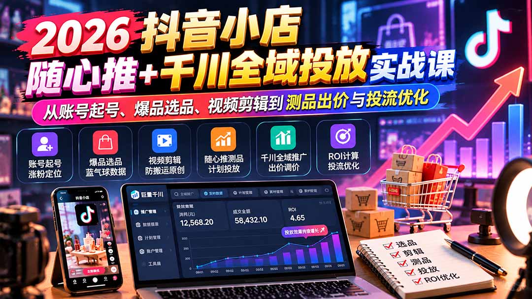 (20998期)2026抖音小店随心推+千川全域投放实战课:从账号起号、爆品选品、视频剪辑到测品出价与投流优化