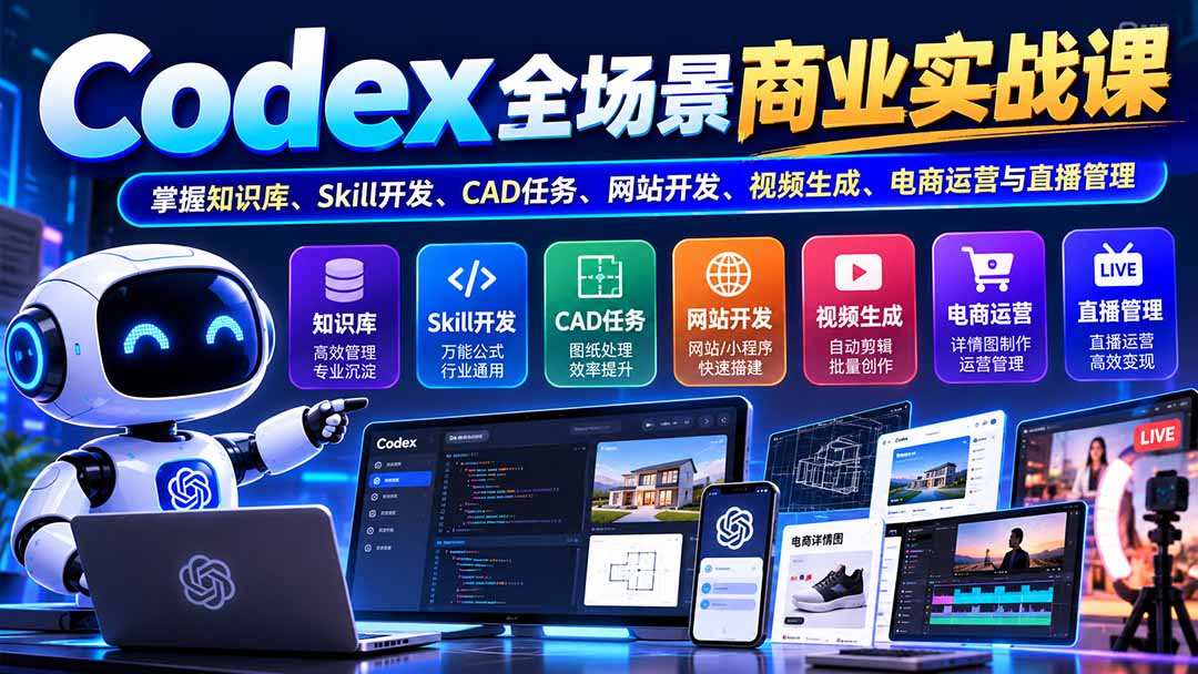 (20891期)【无水印】Codex全场景商业实战课-更新:掌握知识库、Skill开发、CAD任务、网站开发、视频生成、电商运营与直播管理网创吧-网创项目资源站-副业项目-创业项目-搞钱项目网创吧
