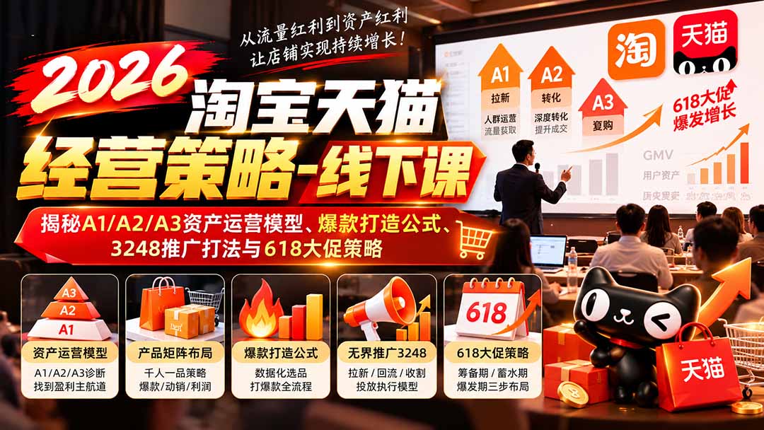 (20912期)2026淘宝天猫经营策略-线下课:揭秘A1/A2/A3资产运营模型、爆款打造公式、3248推广打法与618大促策略网创吧-网创项目资源站-副业项目-创业项目-搞钱项目网创吧