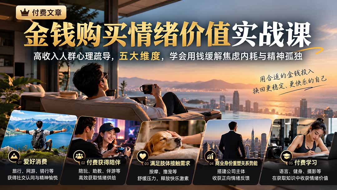 （20941期）付费文章：金钱购买情绪价值实战课｜高收入人群心理疏导，五大维度，学会用钱缓解焦虑内耗与精神孤独网创吧-网创项目资源站-副业项目-创业项目-搞钱项目网创吧