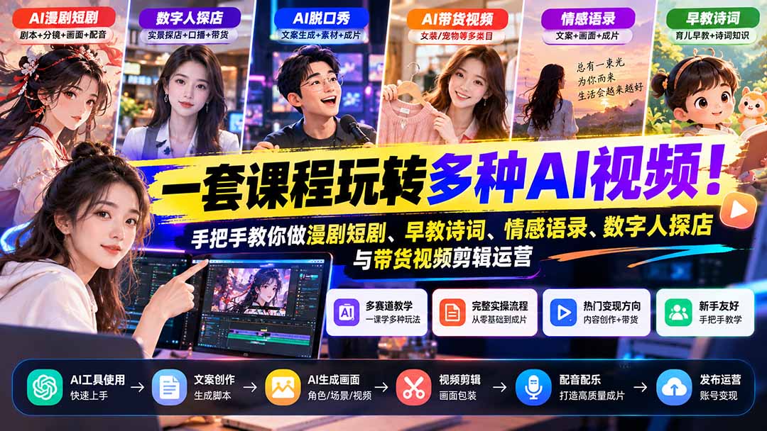 (21271期)【无水印】一套课程玩转多种AI视频!手把手教你做漫剧短剧、早教诗词、情感语录、数字人探店与带货视频剪辑运营网创吧-网创项目资源站-副业项目-创业项目-搞钱项目网创吧