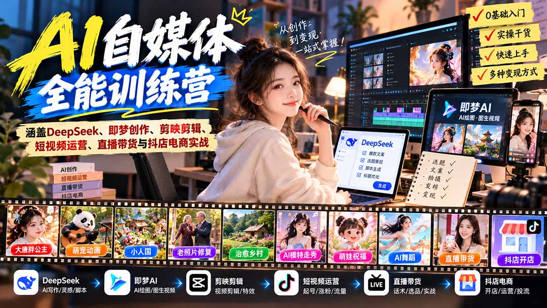 (21201期)【无水印】AI+自媒体全能训练营:涵盖DeepSeek、即梦创作、剪映剪辑、短视频运营、直播带货与抖店电商实战网创吧-网创项目资源站-副业项目-创业项目-搞钱项目网创吧