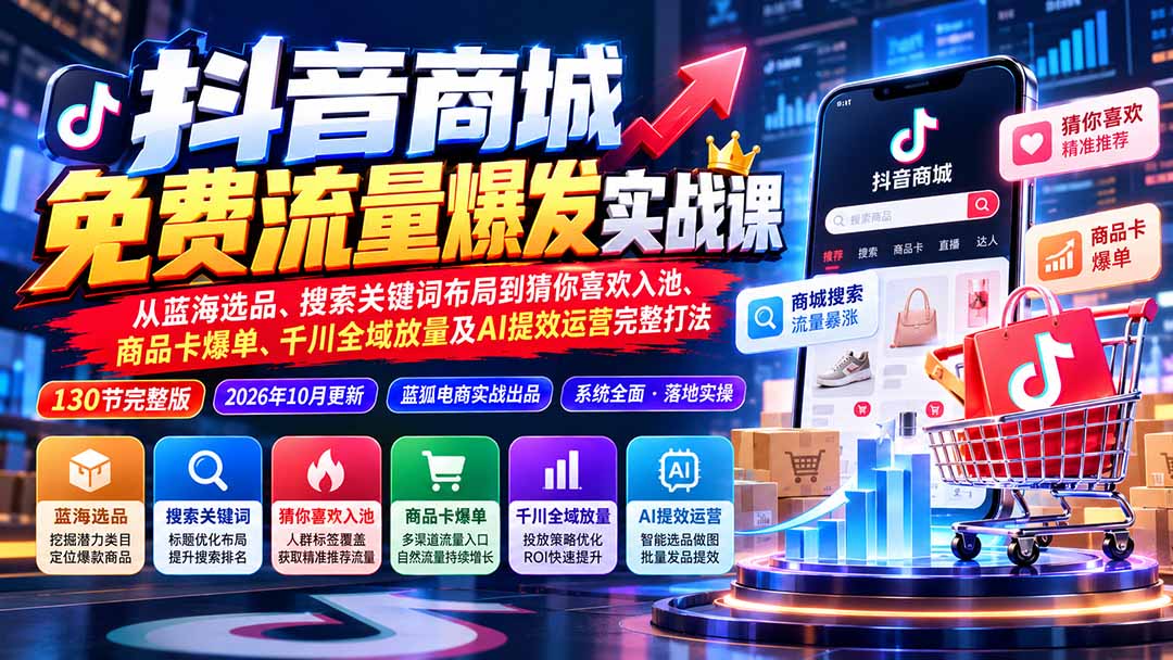 （20959期）抖音商城免费流量爆发实战：从蓝海选品、搜索关键词布局到猜你喜欢入池、商品卡爆单、千川全域放量及AI提效完整打法网创吧-网创项目资源站-副业项目-创业项目-搞钱项目网创吧