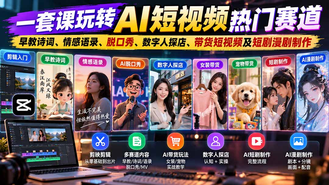 (20965期)一套课玩转AI短视频热门赛道:早教诗词、情感语录、脱口秀、数字人探店、带货短视频及短剧漫剧制作 复制标题