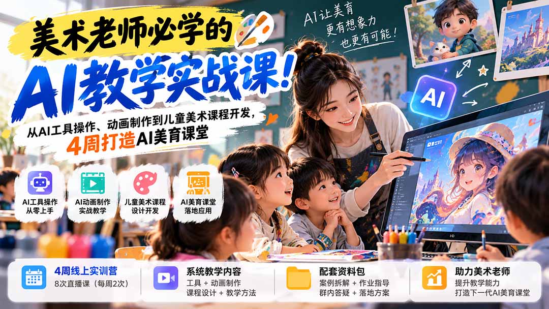 (21165期)美术老师必学的AI教学实战课!从AI工具操作、动画制作到儿童美术课程开发,4周打造AI美育课堂网创吧-网创项目资源站-副业项目-创业项目-搞钱项目网创吧