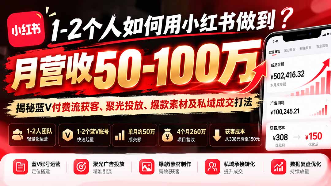 （20939期）1-2个人如何用小红书做到月营收50-100万？揭秘蓝V付费流获客、聚光投放、爆款素材及私域成交打法网创吧-网创项目资源站-副业项目-创业项目-搞钱项目网创吧