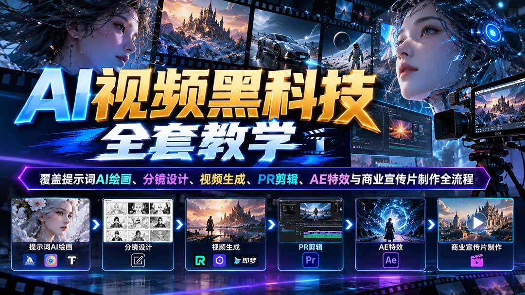 (21095期)AI视频黑科技全套教学:覆盖提示词AI绘画、分镜设计、视频生成、PR剪辑、AE特效与商业宣传片制作全流程网创吧-网创项目资源站-副业项目-创业项目-搞钱项目网创吧