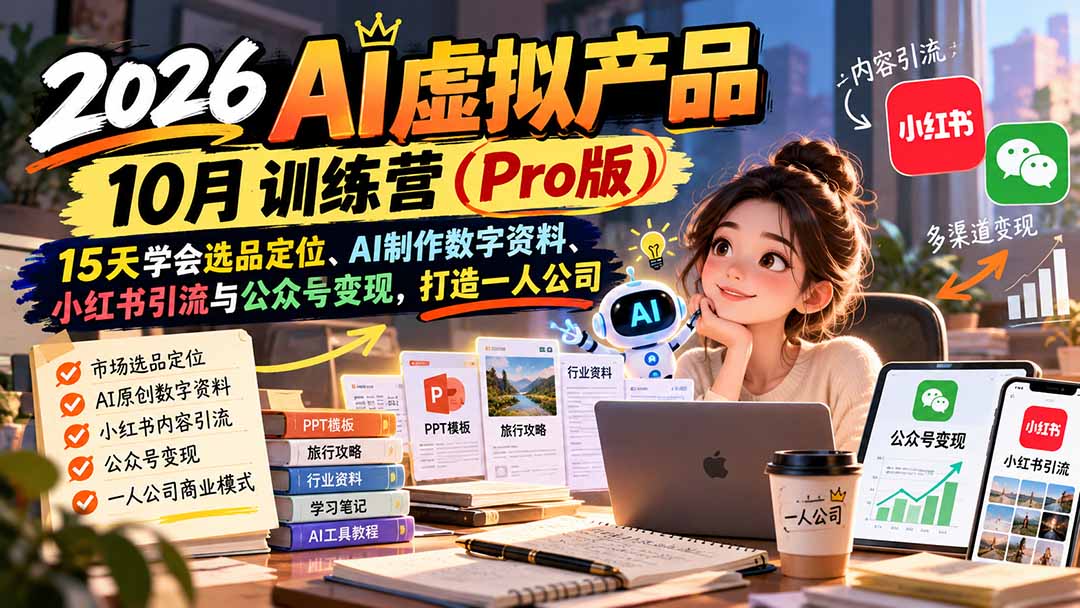 （21054期）2026AI虚拟产品10月训练营（Pro版）：15天学会选品定位、AI制作数字资料、小红书引流与公众号变现，打造一人公司网创吧-网创项目资源站-副业项目-创业项目-搞钱项目网创吧