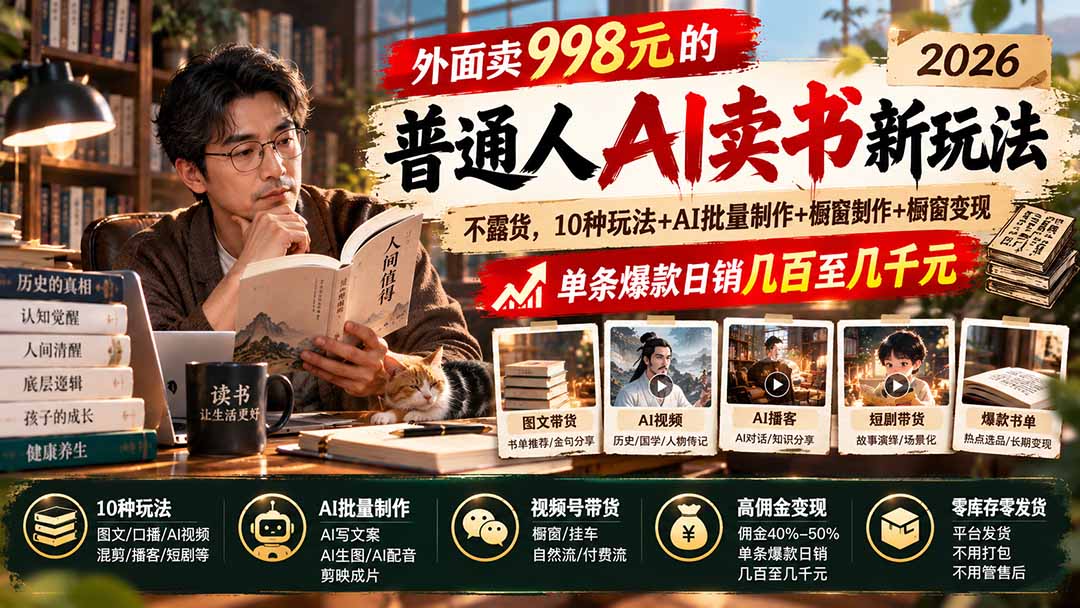 (20909期)外面卖998元的2026普通人AI卖书新玩法:不露脸、不囤货,10种玩法+AI批量制作+橱窗变现,单条爆款日销几百至几千元网创吧-网创项目资源站-副业项目-创业项目-搞钱项目网创吧
