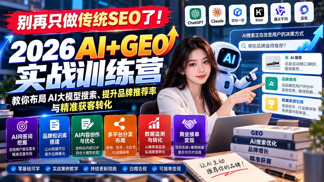 (21191期)别再只做传统SEO了!《2026AI+GEO实战训练营》教你布局AI大模型搜索、提升品牌推荐率与精准获客转化网创吧-网创项目资源站-副业项目-创业项目-搞钱项目网创吧