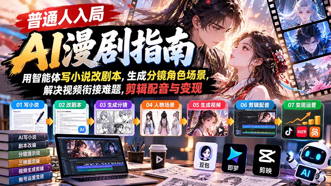 (21033期)【无水印】普通人入局AI漫剧指南:用智能体写小说改剧本,生成分镜角色场景,解决视频衔接难题,剪辑配音与变现