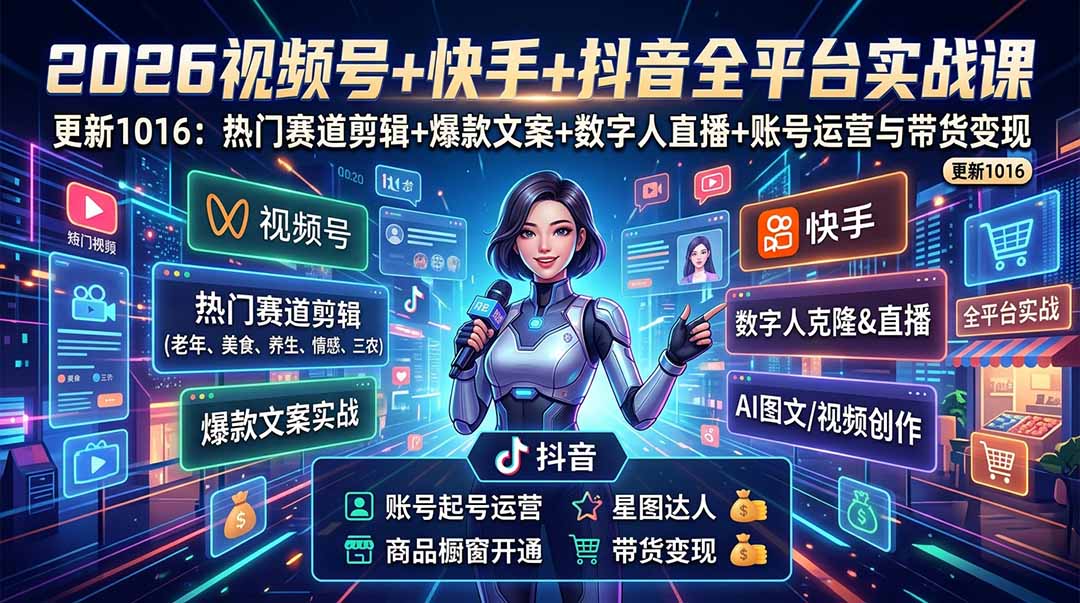 (20997期)视频号+快手+抖音三大平台的全栈剪辑+数字人直播实战课-3月更新:快速实现短视频变现