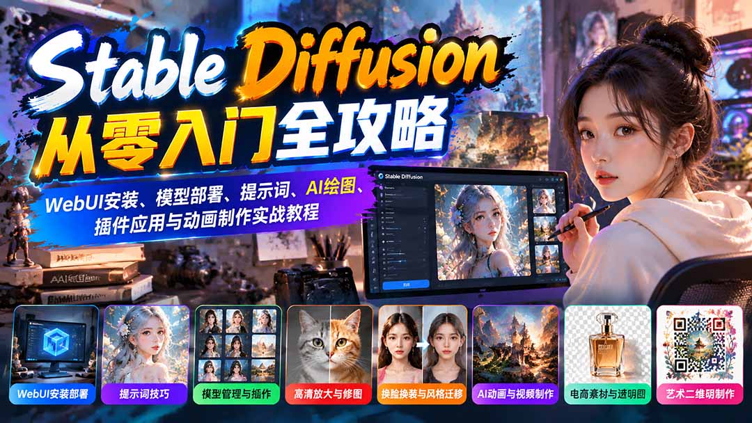 （21062期）Stable Diffusion从零入门全攻略：WebUI安装、模型部署、提示词、AI绘图、插件应用与动画制作实战教程网创吧-网创项目资源站-副业项目-创业项目-搞钱项目网创吧