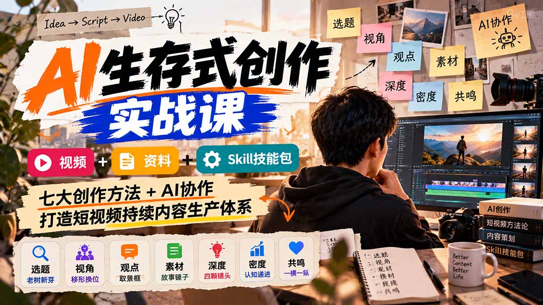 (21081期)AI生存式创作实战课:视频+资料+Skill技能包,七大创作方法+AI协作,打造短视频持续内容生产体系网创吧-网创项目资源站-副业项目-创业项目-搞钱项目网创吧