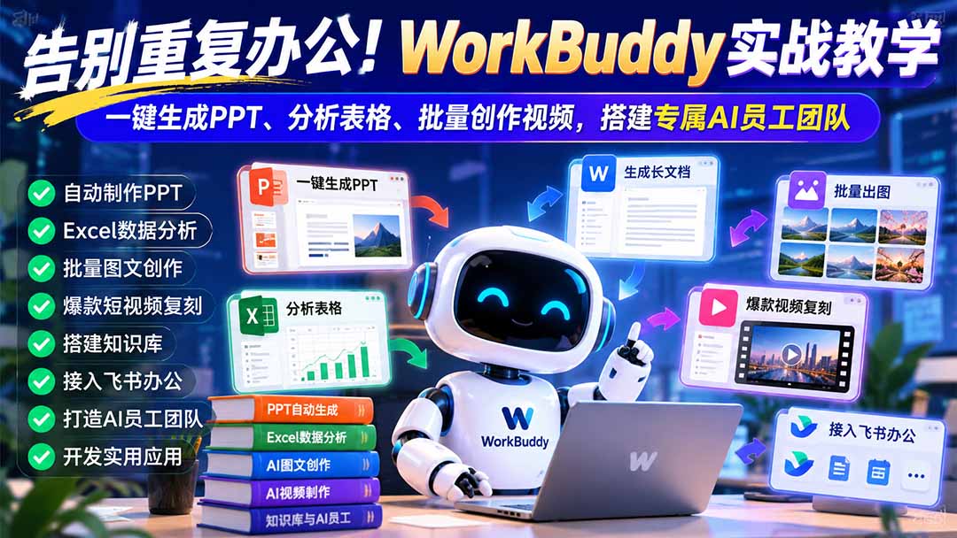 （21152期）告别重复办公！WorkBuddy实战教学：一键生成PPT、分析表格、批量创作视频，搭建专属AI员工团队网创吧-网创项目资源站-副业项目-创业项目-搞钱项目网创吧