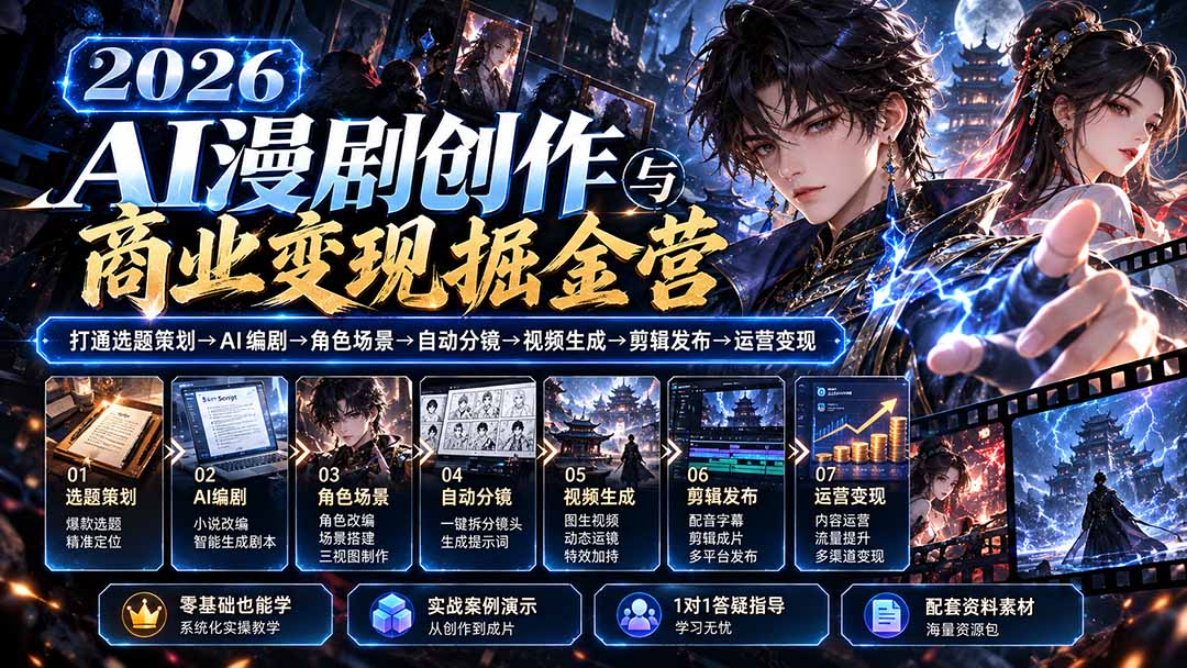 （20906期）【无水印】2026AI漫剧创作与商业变现掘金营：打通选题→AI编剧→角色场景→自动分镜→视频生成→剪辑发布→运营变现网创吧-网创项目资源站-副业项目-创业项目-搞钱项目网创吧