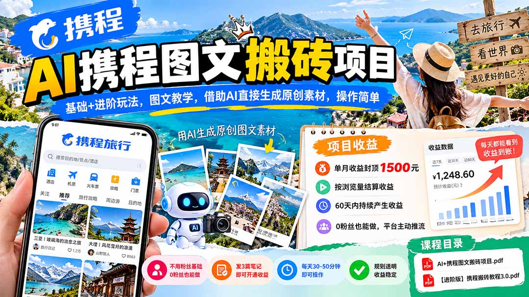 (21180期)AI携程图文搬砖项目,基础+进阶玩法,图文教学,借助AI直接生成原创素材,操作简单网创吧-网创项目资源站-副业项目-创业项目-搞钱项目网创吧