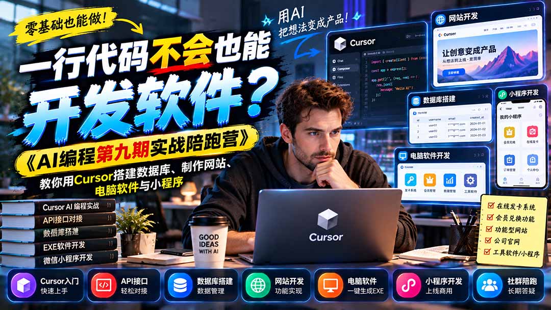 （21146期）一行代码不会也能开发软件？《AI编程第九期实战陪跑营》教你用Cursor搭建数据库、制作网站、电脑软件与小程序网创吧-网创项目资源站-副业项目-创业项目-搞钱项目网创吧