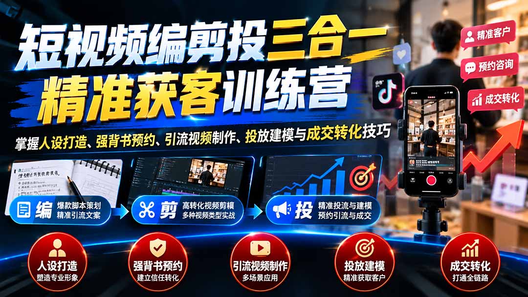 (20910期)短视频编剪投三合一精准获客训练营:掌握人设打造、强背书预约、引流视频制作、投放建模与成交转化技巧网创吧-网创项目资源站-副业项目-创业项目-搞钱项目网创吧