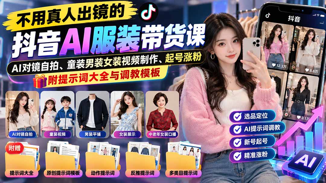 （20960期）不用真人出镜的抖音AI服装带货课：AI对镜自拍、童装男装女装视频制作、起号涨粉，附提示词大全与调教模板网创吧-网创项目资源站-副业项目-创业项目-搞钱项目网创吧