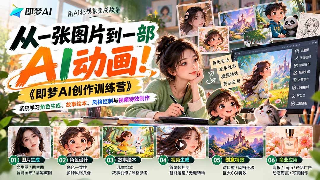 （21160期）【无水印】从一张图片到一部AI动画！《即梦AI创作训练营》系统学习角色生成、故事绘本、风格控制与视频特效制作网创吧-网创项目资源站-副业项目-创业项目-搞钱项目网创吧