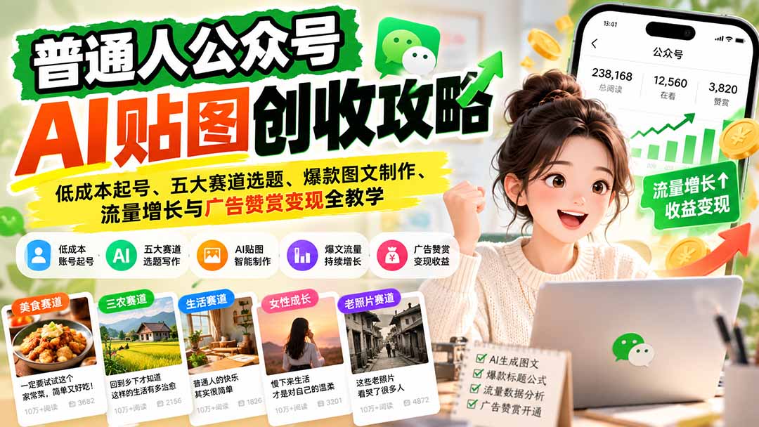 (20972期)普通人公众号AI贴图创收攻略:低成本起号、五大赛道选题、爆款图文制作、流量增长与广告赞赏变现全教学网创吧-网创项目资源站-副业项目-创业项目-搞钱项目网创吧