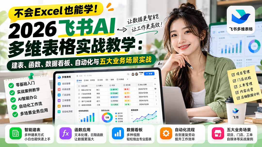 (21153期)不会Excel也能学!2026飞书AI多维表格实战教学:建表、函数、数据看板、自动化与五大业务场景实战网创吧-网创项目资源站-副业项目-创业项目-搞钱项目网创吧