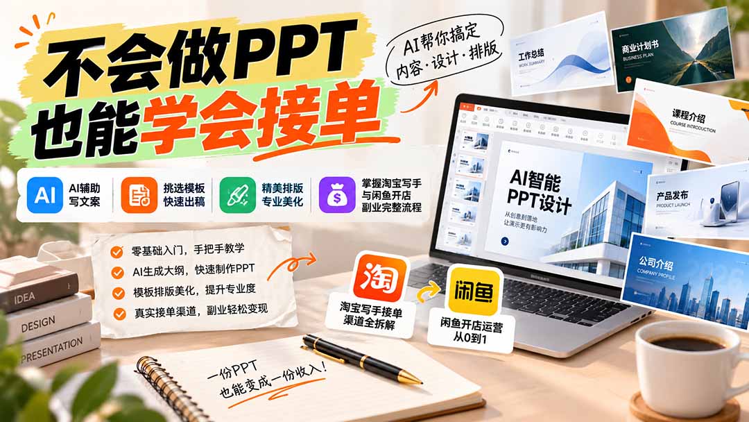 （20945期）不会做PPT也能学会接单：AI辅助写文案、挑模板、做排版，掌握淘宝写手与闲鱼开店副业完整流程网创吧-网创项目资源站-副业项目-创业项目-搞钱项目网创吧