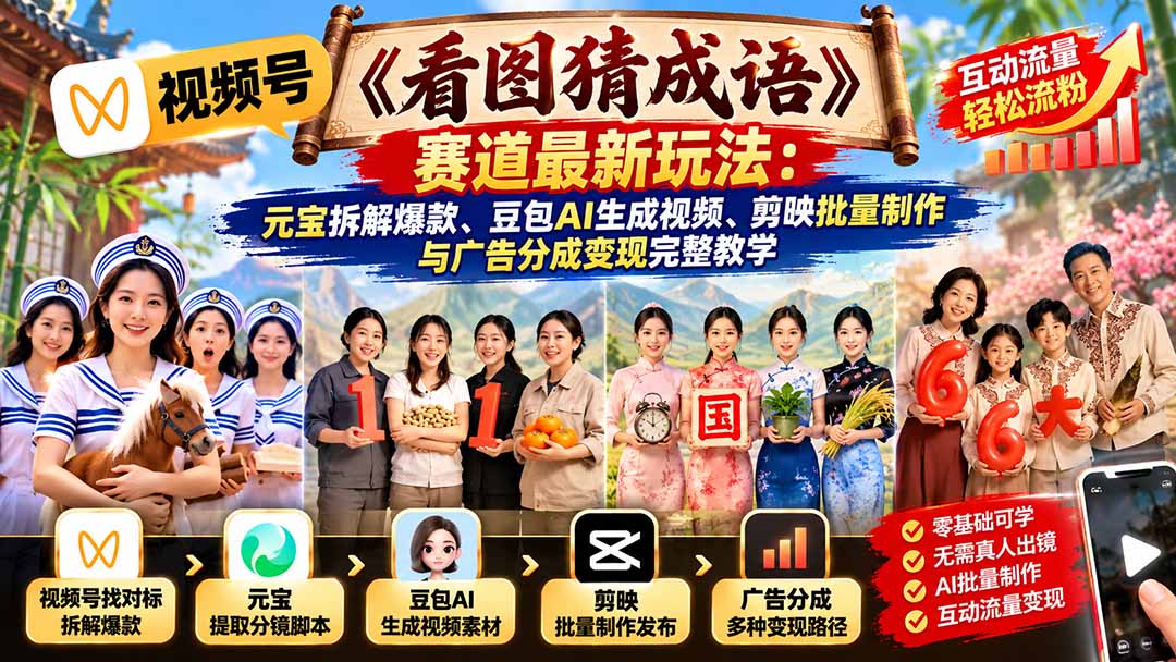 (21060期)视频号《看图猜成语》赛道最新玩法:元宝拆解爆款、豆包AI生成视频、剪映批量制作与广告分成变现完整教学网创吧-网创项目资源站-副业项目-创业项目-搞钱项目网创吧