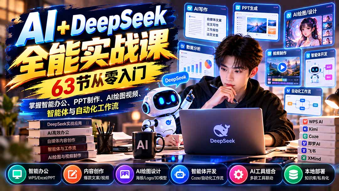 （21141期）AI+DeepSeek全能实战课：63节从零入门，掌握智能办公、PPT制作、AI绘图视频、智能体与自动化工作流网创吧-网创项目资源站-副业项目-创业项目-搞钱项目网创吧