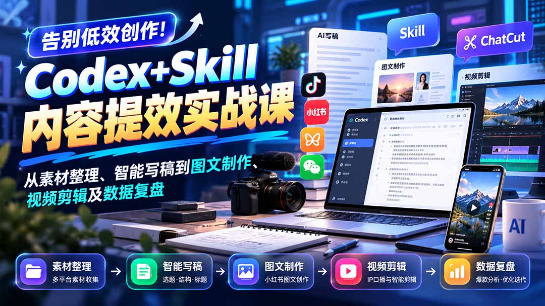 (20915期)【无水印】告别低效创作!Codex+Skill内容提效实战课:从素材整理、智能写稿到图文制作、视频剪辑及数据复盘网创吧-网创项目资源站-副业项目-创业项目-搞钱项目网创吧
