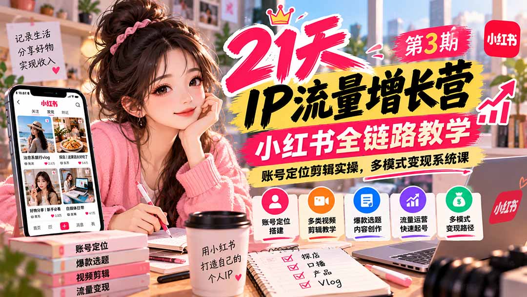 (20992期)【无水印】21天IP流量增长营-第3期,小红书全链路教学,账号定位剪辑实操,多模式变现系统课网创吧-网创项目资源站-副业项目-创业项目-搞钱项目网创吧