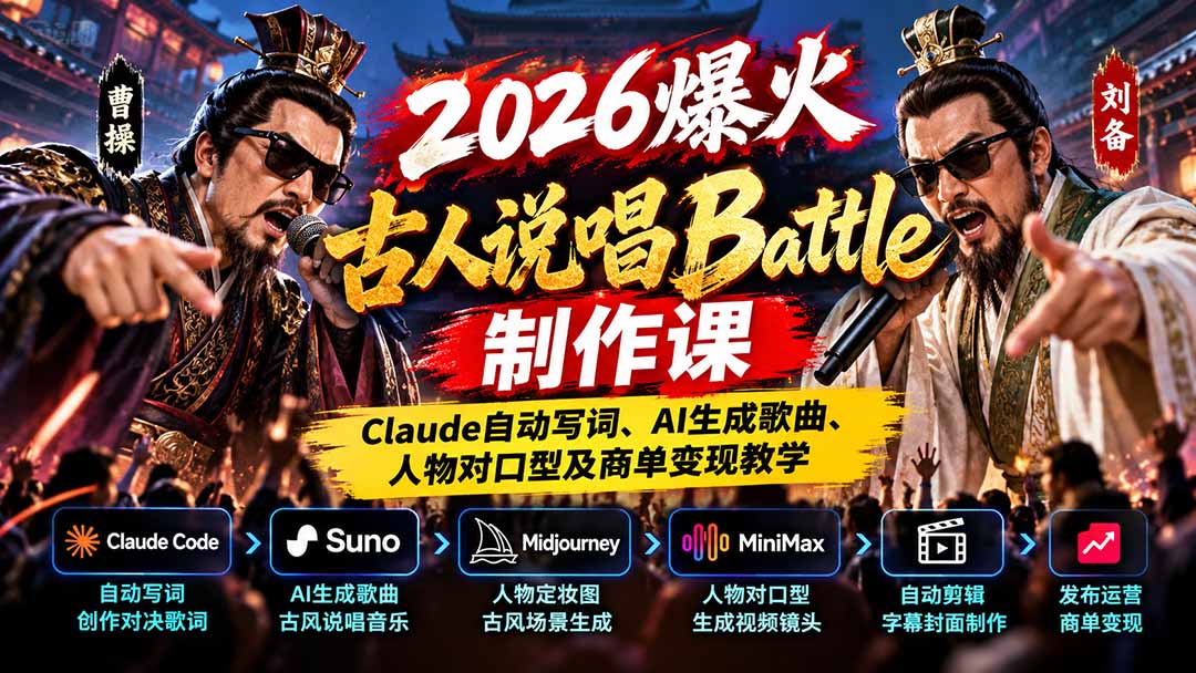 (21059期)2026爆火古人说唱Battle制作课:Claude自动写词、AI生成歌曲、人物对口型及商单变现教学网创吧-网创项目资源站-副业项目-创业项目-搞钱项目网创吧
