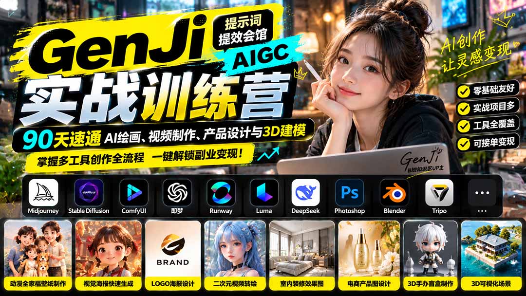 (21192期)GenJi AIGC实战训练营:90天速通AI绘画、视频制作、产品设计与3D建模,掌握多工具创作全流程网创吧-网创项目资源站-副业项目-创业项目-搞钱项目网创吧