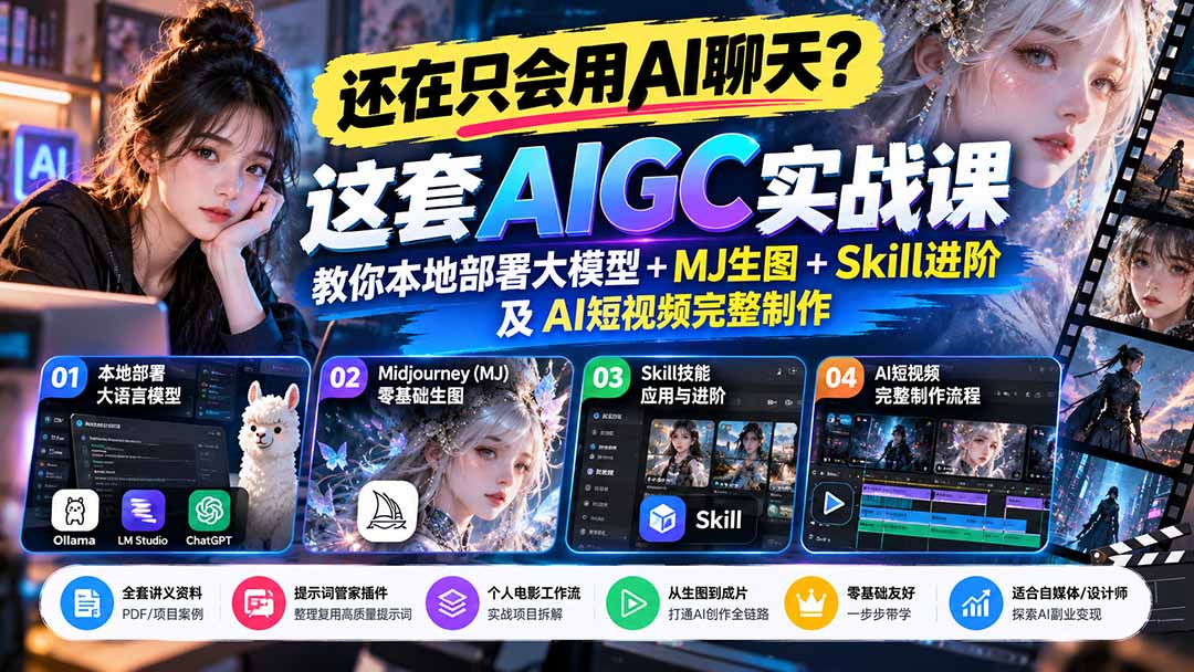 (21135期)【无水印】还在只会用AI聊天?这套AIGC实战课教你本地部署大模型+MJ生图+Skill进阶及AI短视频完整制作网创吧-网创项目资源站-副业项目-创业项目-搞钱项目网创吧