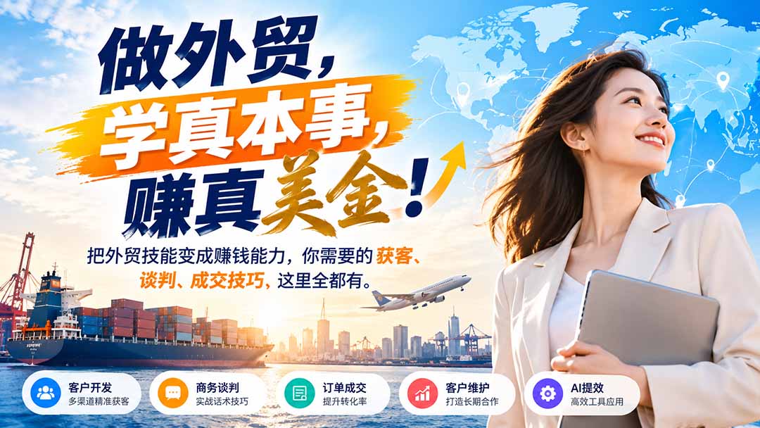 （21106期）做外贸，学真本事，赚真美金！把外贸技能变成赚钱能力，你需要的获客、谈判、成交技巧，这里全都有网创吧-网创项目资源站-副业项目-创业项目-搞钱项目网创吧
