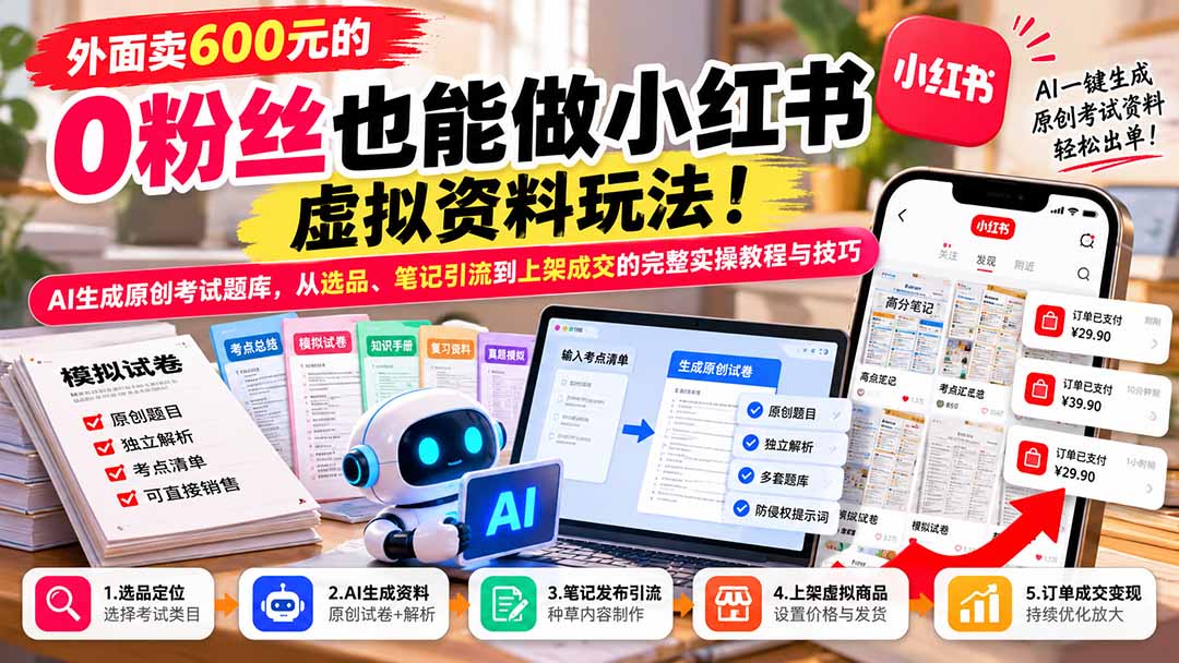 (21182期)外面卖600元的 零粉丝也能做小红书虚拟资料玩法!AI生成原创考试题库,从选品、笔记引流到上架成交的完整实操教程网创吧-网创项目资源站-副业项目-创业项目-搞钱项目网创吧
