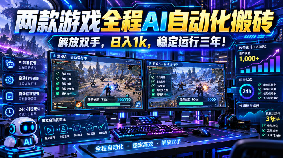 （21236期）两款游戏全程AI自动化搬砖，解放双手，日入1k，稳定运行三年！网创吧-网创项目资源站-副业项目-创业项目-搞钱项目网创吧